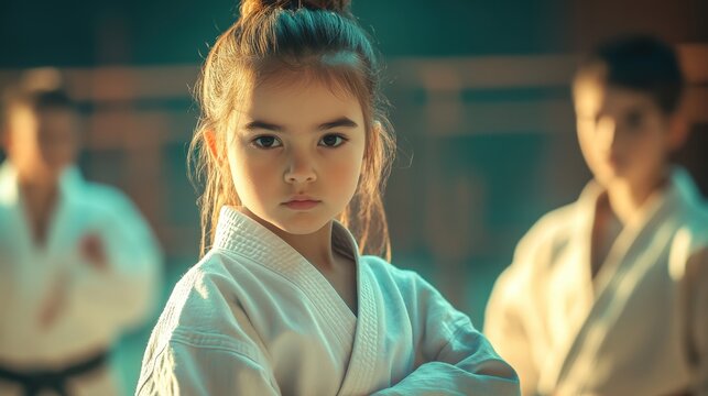 Young Girl in Karate Gi Demonstrates Focus and Determination