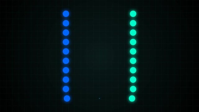 Two vertical columns of glowing blue and green circular dots aligned on a dark black background, presented as a clean digital graphic with high contrast and minimal composition for abstract