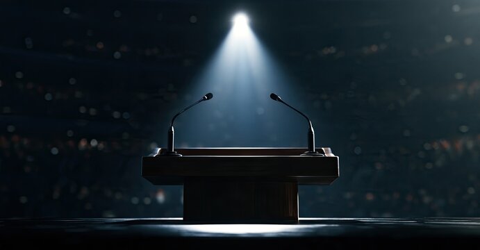 Empty podium with two microphones under a spotlight in a darkened auditorium