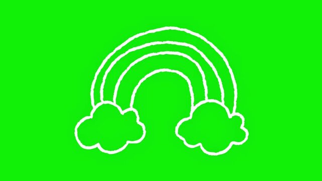 Hand drawn white rainbow and clouds line art animation isolated on green screen