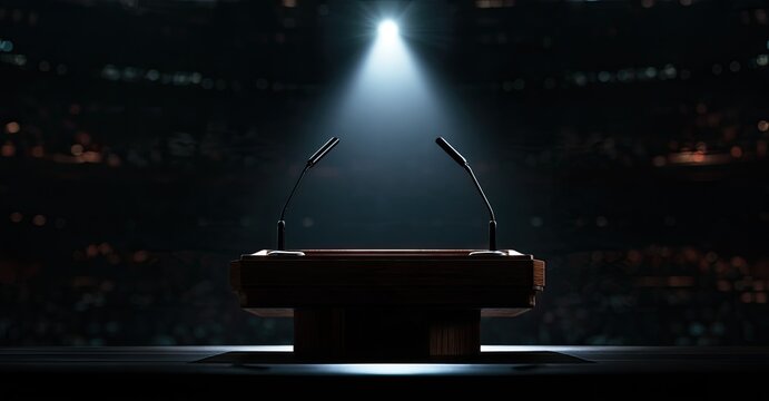 Empty podium under spotlight in dark arena, audience blurred background