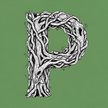 Large letter P made of vines.
