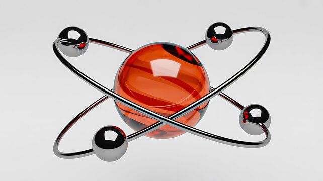Atomic model with orange nucleus and orbiting electrons representing atomic structure and physics