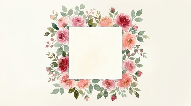 A square frame made of watercolor roses and green leaves on a light cream paper background, with space in, the center for, text or message