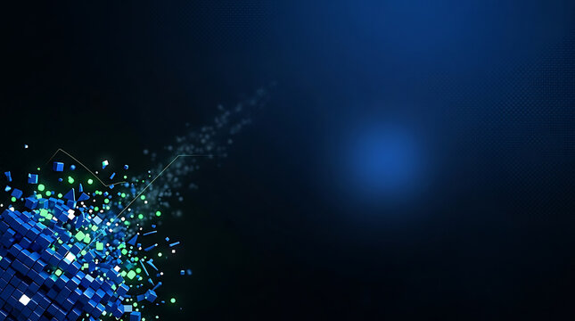 Abstract digital data explosion with glowing particles and geometric shapes on a blue gradient