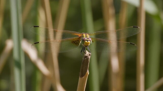 Dragonfly wings trembling on a reed