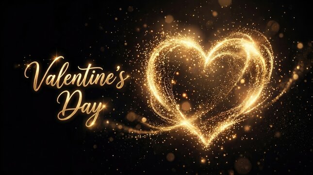 Glowing golden heart shape formed by sparkling light particles and bokeh on a dark background, with valentine's day, text in script font