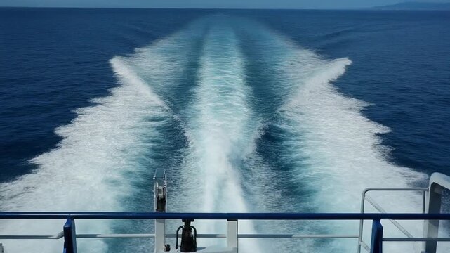 Wake foam spreading behind a ferry