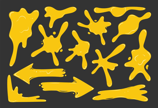Set vector of yellow liquid splatter paint or cheese slime gooey, glossy and melted blobs arrow illustration