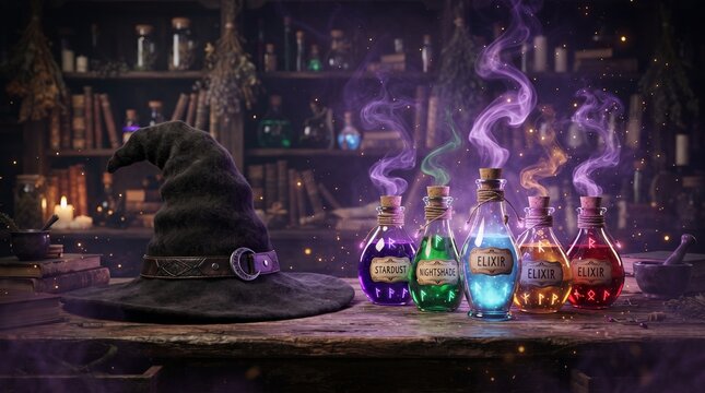 Black witch hat and glowing magic potion bottles on a rustic wooden table