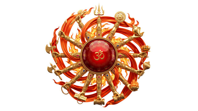 Divine hindu deity attributes with golden arms and om symbol isolated on transparent background