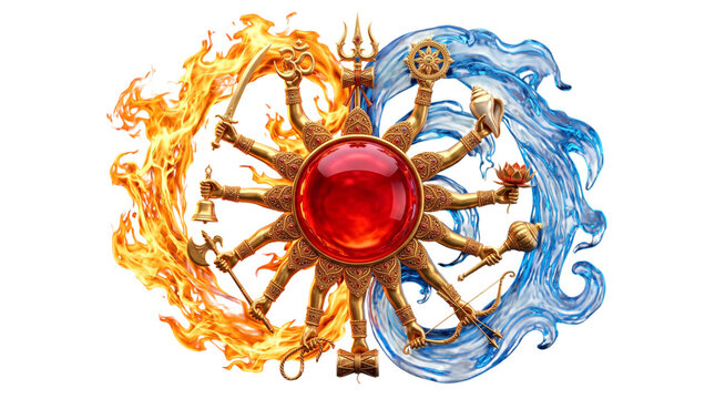 Hindu deity arms with fire and water elements isolated on transparent background