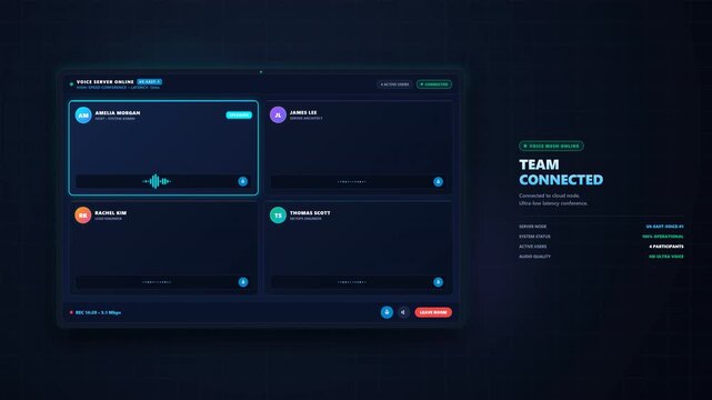 Digital interface displaying a simulated team voice conference dashboard with active user audio monitoring modules for professional high tech communications