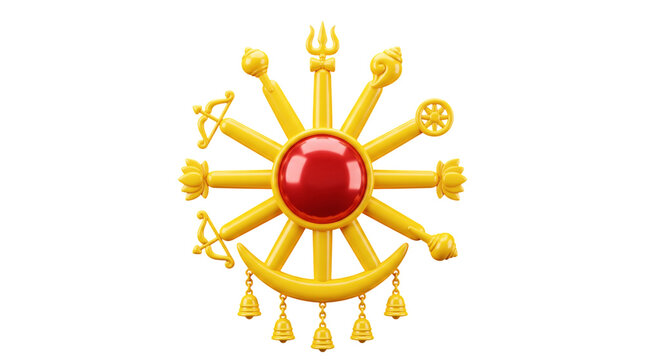 Golden hindu weapons wheel isolated on transparent background