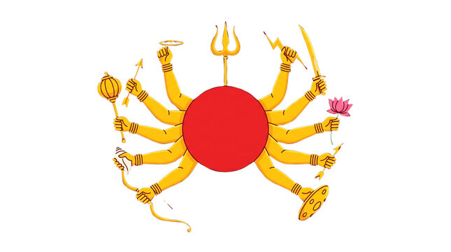 Hindu goddess durga multiarmed symbol with divine weapons isolated on transparent background