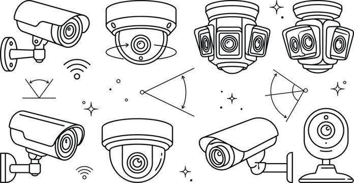 Minimalist black line art vector collection of security cameras cctv surveillance and home protection icons over solid white background