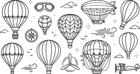Minimalist black line art vector collection of hot air balloons retro blimps and vintage aviation transport icons over white background © MDMANIK