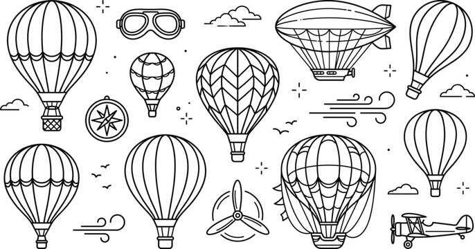Minimalist black line art vector collection of hot air balloons retro blimps and vintage aviation transport icons over white background