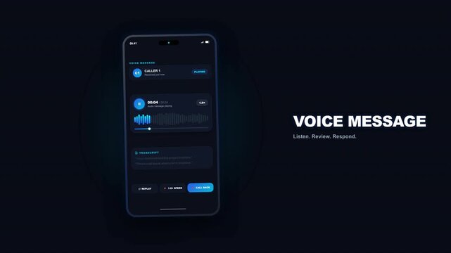 Smartphone interface mockup displaying a voice message application with audio waveform visualization on a sleek dark background for tech UI projects