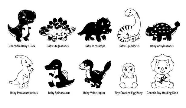 Baby Dinosaur Cartoon Characters T Rex Stegosaurus and Prehistoric Animals Vector Set