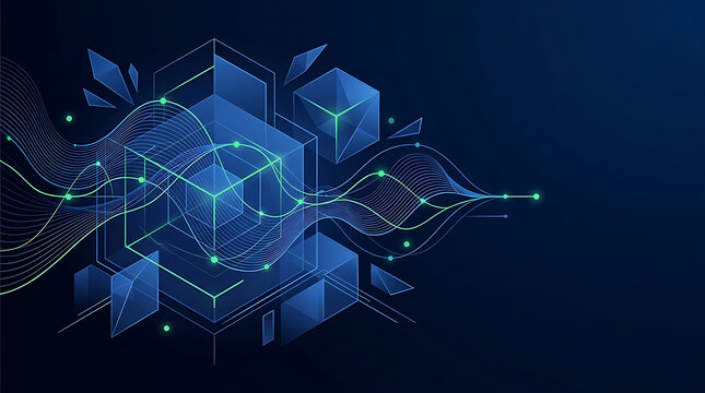 Abstract geometric data visualization with glowing nodes and wave patterns on a deep blue gradient
