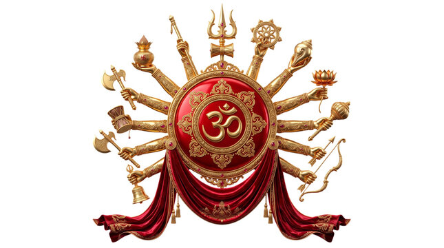 Ornate hindu symbol om with multiple arms and divine weapons isolated on transparent background
