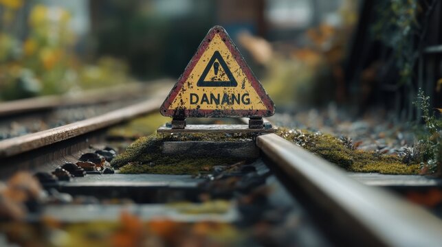 Warning Sign on Train Tracks Surrounded by Nature in Danang