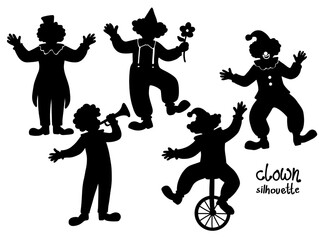 Set of Clown Silhouettes in Various Poses on White Background © rahayu