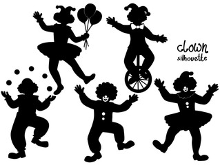 Set of playful clown silhouettes with various activities © rahayu