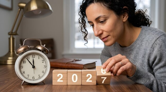 Woman changing wooden year blocks from 2026 to 2027 at a desk with an alarm clock.