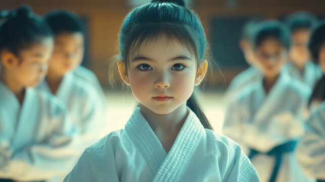 Young Girl in Karate Uniform Focusing During Martial Arts Class