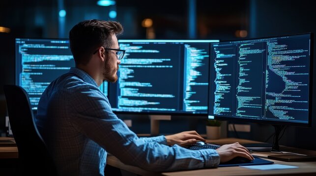 Programmer Working Late at Night with Multiple Monitors Coding