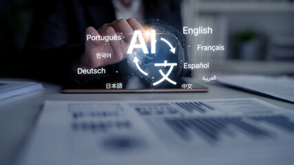 Global communication with multiple languages, digital translation tools, multilingual technology, cross-cultural communication, and virtual language learning environments. Spline © InfiniteFlow