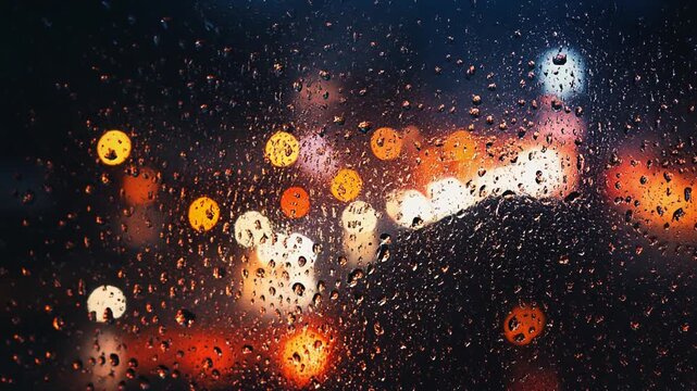 Dense water droplets scattering across wet window glass with bright amber bokeh lights in background