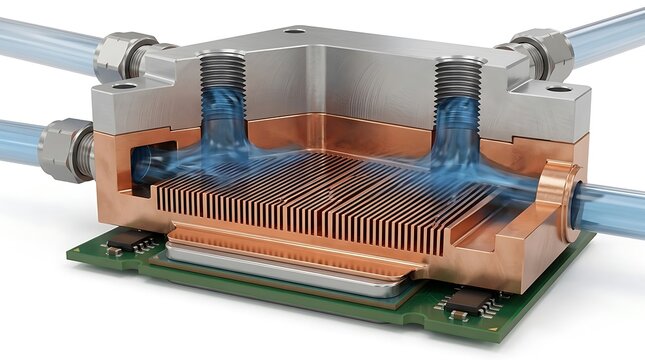 A 3D cross-section diagram shows blue liquid coolant flowing through internal micro-channel fins of a copper heat sink assembly mounted over a computer processor chip.