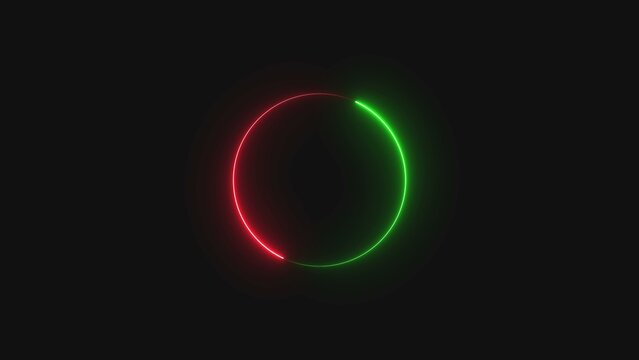 Abstract neon circle loading icon with glowing red and green light lines moving in a dark background for modern technology interface and digital web progress animation design elements