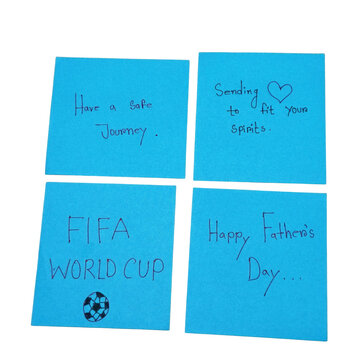 Four blue sticky notes with handwritten messages on black isolated on a transparent background