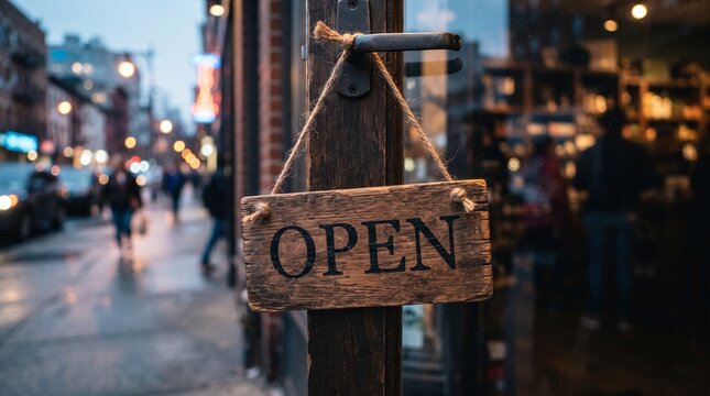 Rustic wooden open sign hanging on a shop entrance door with a blurred background of a busy city street and cafe interior at dusk