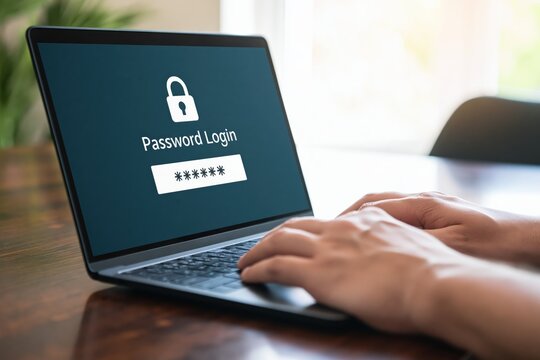 Laptop user typing on computer screen with password login for digital security access and data protection system