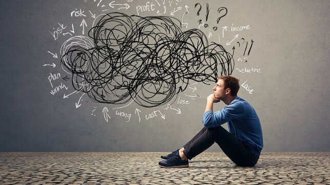 Young man sitting with tangled thought cloud and financial decision words on wall