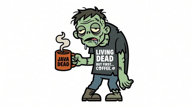 Tired Cartoon Zombie Holding a Coffee Cup