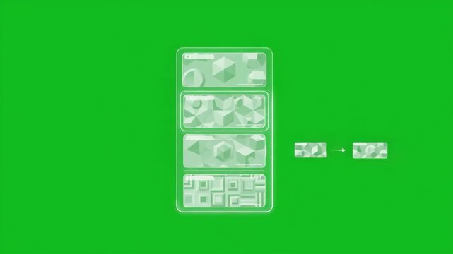 Abstract computer modules assembling into a larger interface window on green screen chroma key background