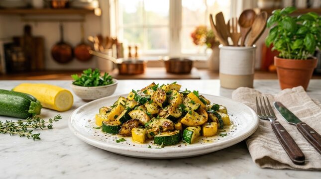 A plate of saut&eacute;ed zucchini and yellow squash with fresh herbs on a marble countertop in a rustic kitchen with cooking utensils in the back