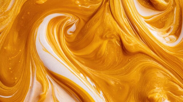 Warm ochre yellow liquid mixes with cream creating a fluid texture in a macro perspective. Earthy pigment palette displays rich tones.