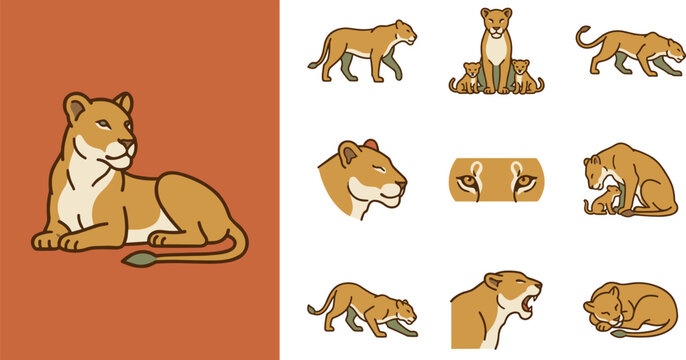 Lioness and cubs icon set, flat design vector illustrations of wild cats in various poses, isolated on white background