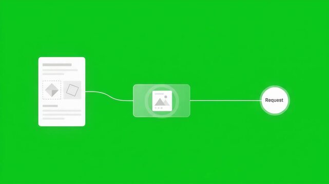 Animated diagram illustrating data processing and request workflow with cache and server nodes on green background