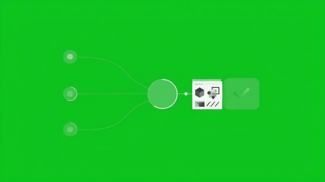 Green screen animation of data merging and processing flowchart nodes