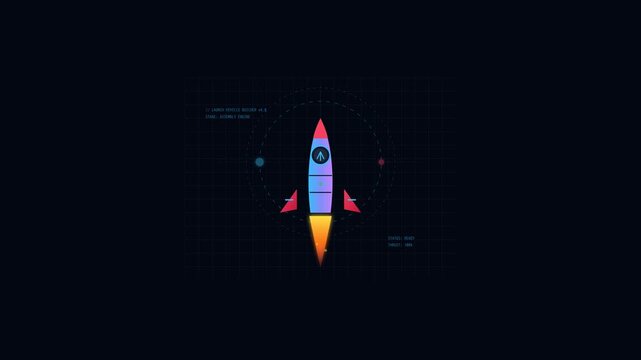 Futuristic Rocket Launch Interface Animation with Digital Grid Overlay and Sci Fi HUD Elements