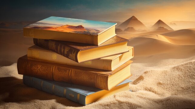 Stacked Vintage Books with Pyramids in Desert Landscape Background