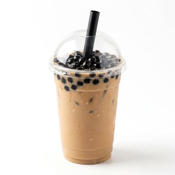 Bubble tea drink with black tapioca pearls in a clear plastic cup isolated on white background